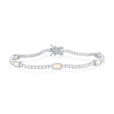 Sterling Silver Rectangle Opal and Cubic Zirconia Bracelet 7.5"