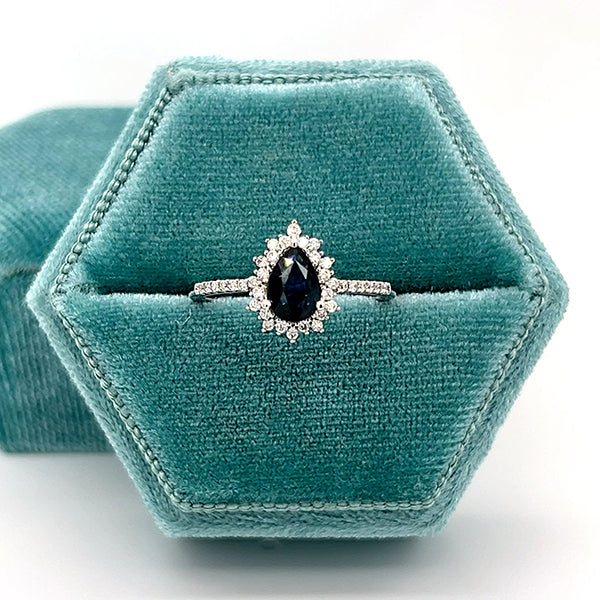 10K White Gold Pear-Shaped Sapphire and 0.20 Carat Total Weight Diamond Ring