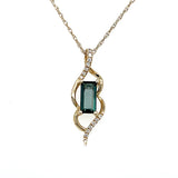 14K Yellow Gold 4x8mm .78CT Green Tourmaline and .056CT (14) Diamond Pendant Necklace