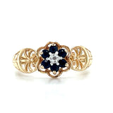 "Venus" 10K Yellow Gold Sapphire and Diamond Openwork Filigree Floral Ring Estate