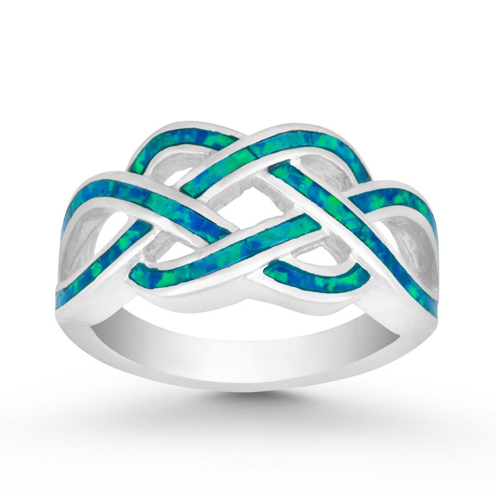Sterling Silver Blue Inlay Opal Open Weave Design Ring Size 8