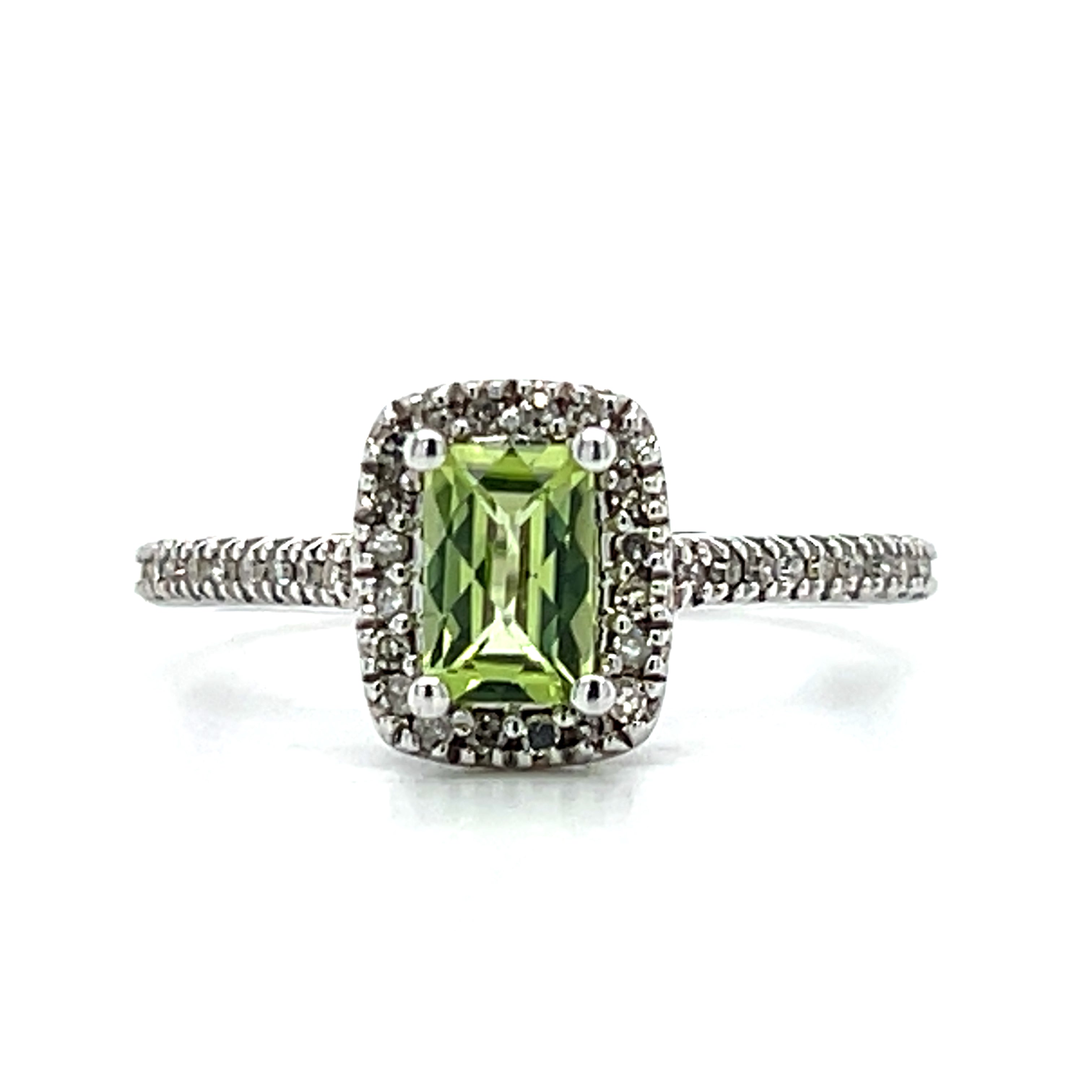 10K White Gold Rectangular Checkerboard Cut Peridot and Diamond Ring