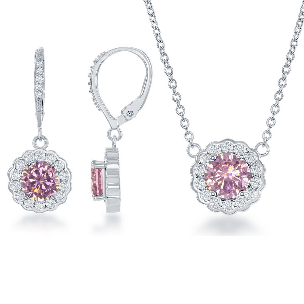 Sterling Silver  October Birthstone with Cubic Zirconia Border Round Earrings and Necklace Set 16+2"