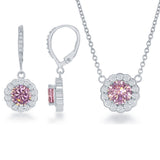 Sterling Silver  October Birthstone with Cubic Zirconia Border Round Earrings and Necklace Set 16+2"