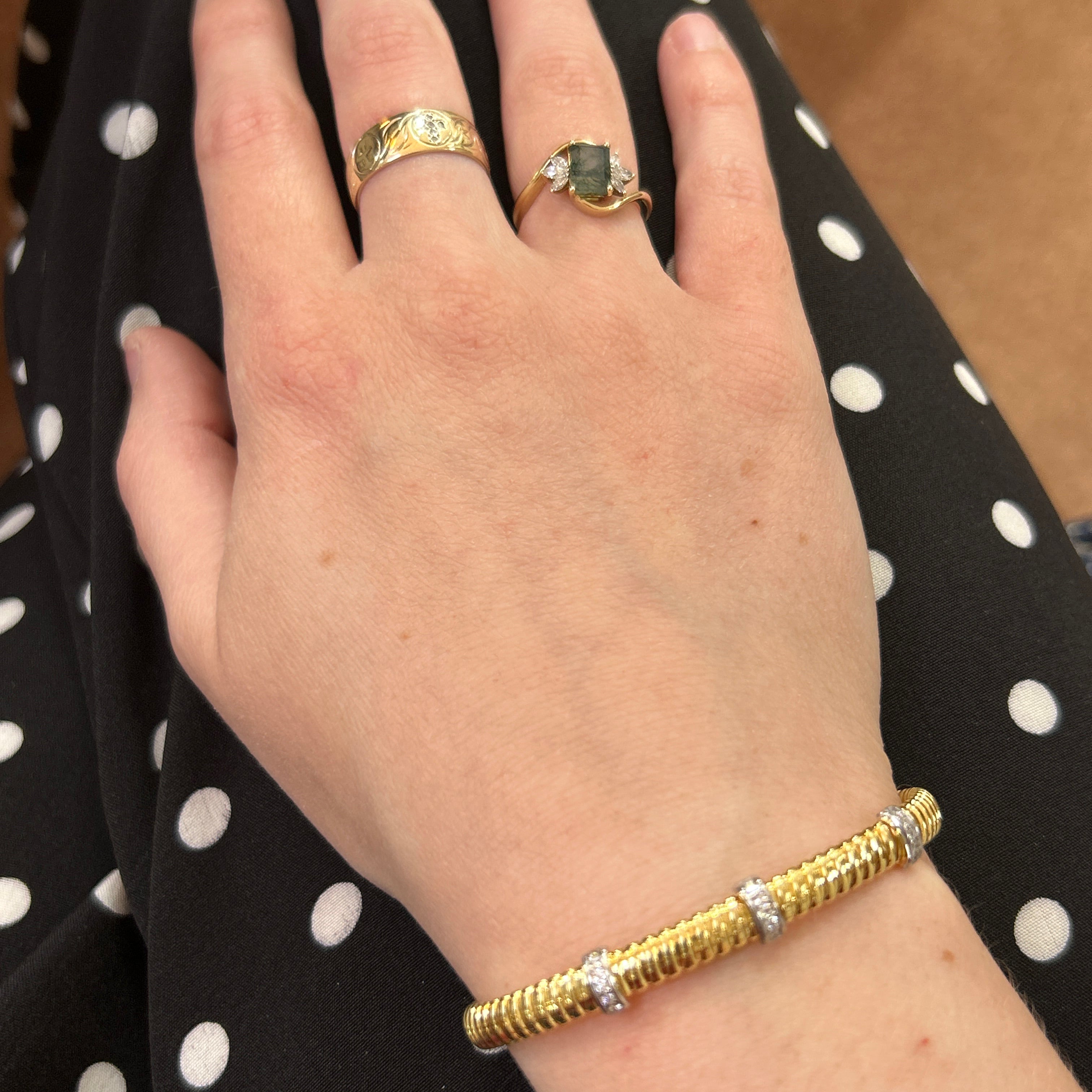 Silver Yellow Gold Plated Thin Three Station Flex Bangle with 0.12CTW Diamonds
