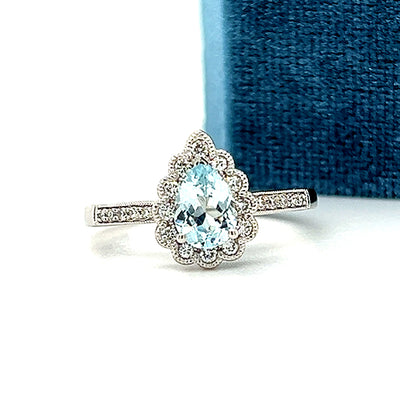 White Gold Scalloped Pear-Shaped Aquamarine and Diamond Ring