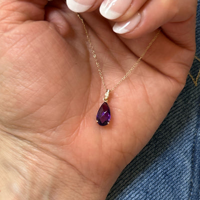 Yellow Gold 1.95CT Teardrop Amethyst and 0.019  Carat Total Weight (5) Diamond Pendant