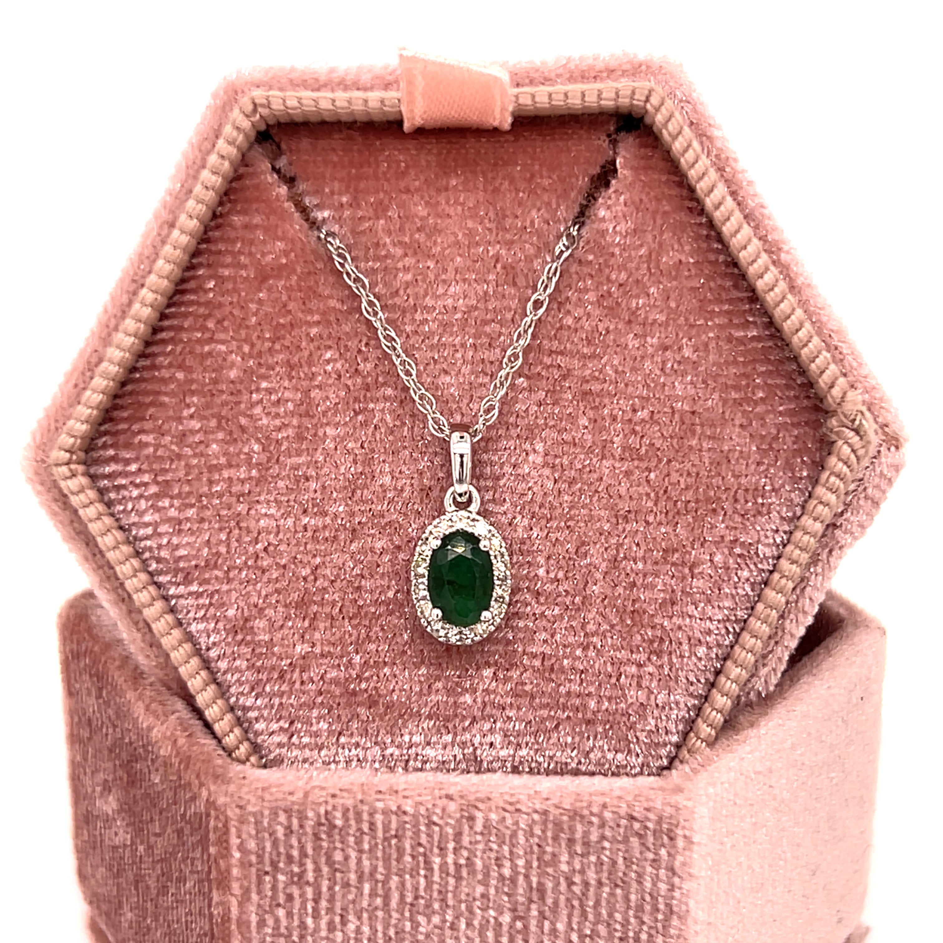 White Gold Oval Emerald and Diamond Pendant