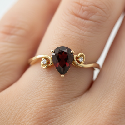 Yellow Gold Pear-Shaped Garnet and Diamond Heart Accent Ring