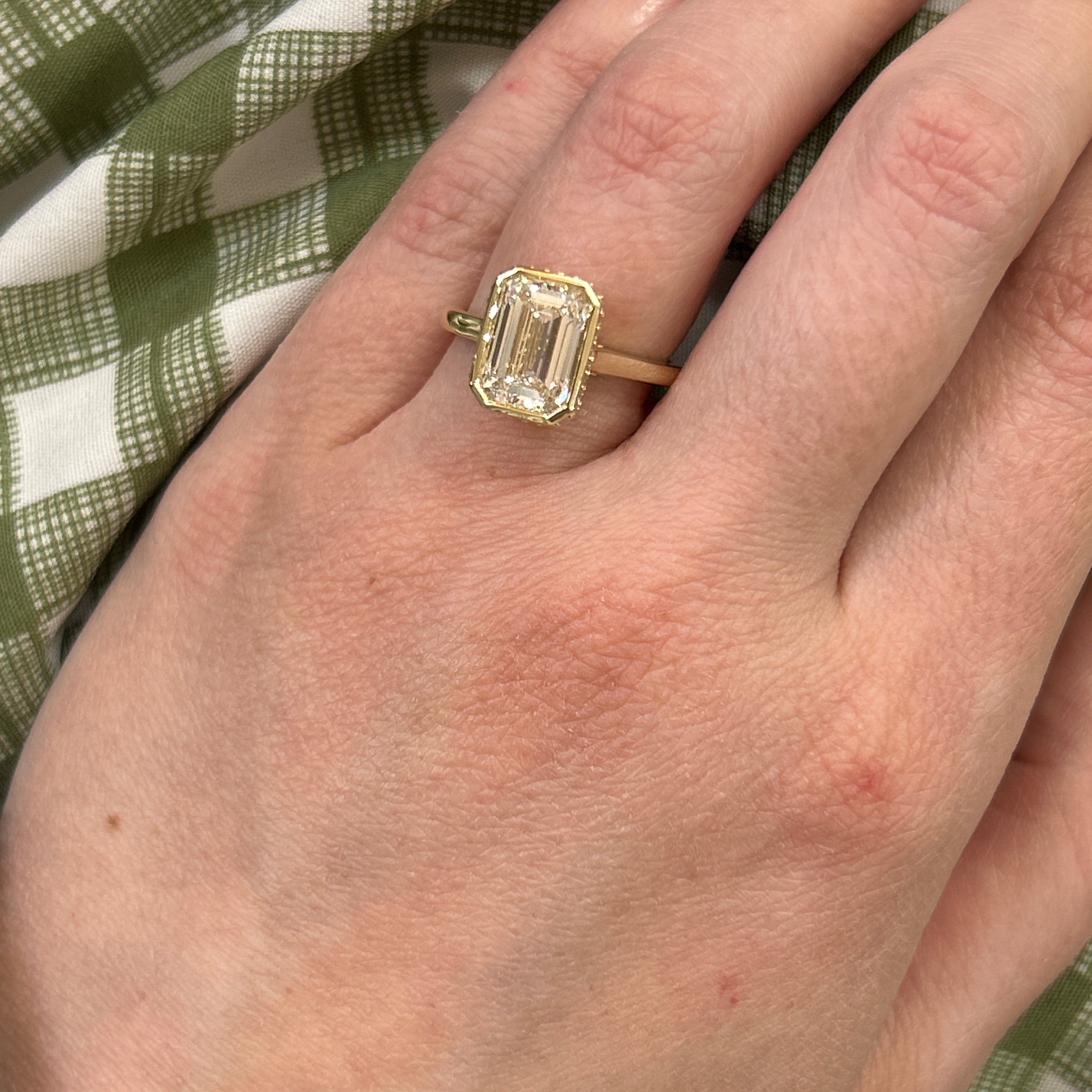 14K Yellow Gold 3.30 Carat Total Weight Lab Grown Diamond Hidden Halo Emerald Cut Engagement Ring