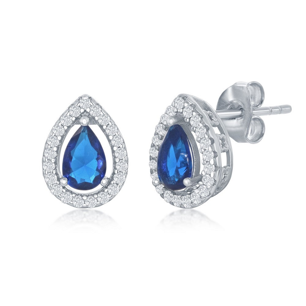 Sterling Silver Sapphire CZ Pearshaped Stud Earrings