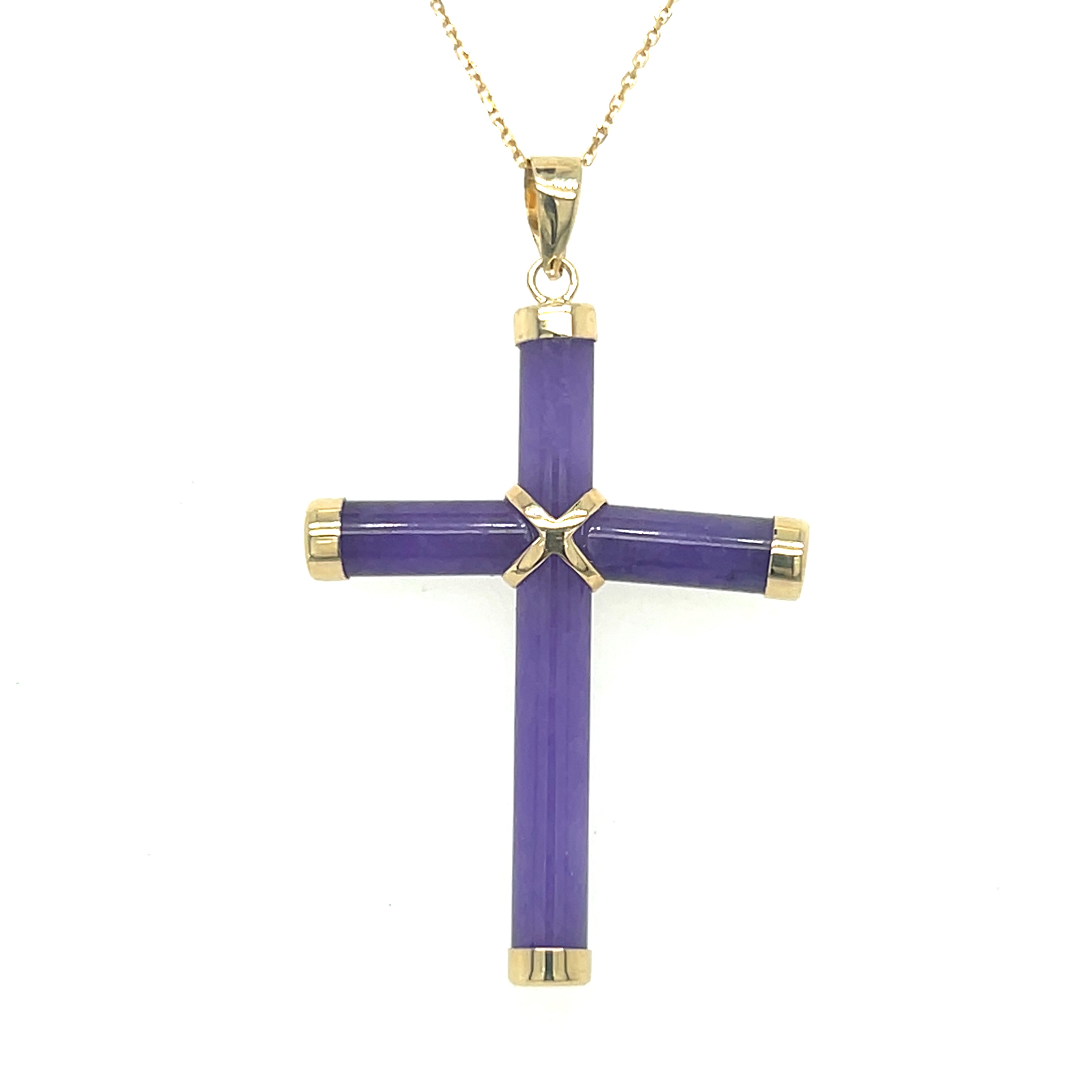 14K Yellow Gold Violet Jade Cross Pendant Necklace