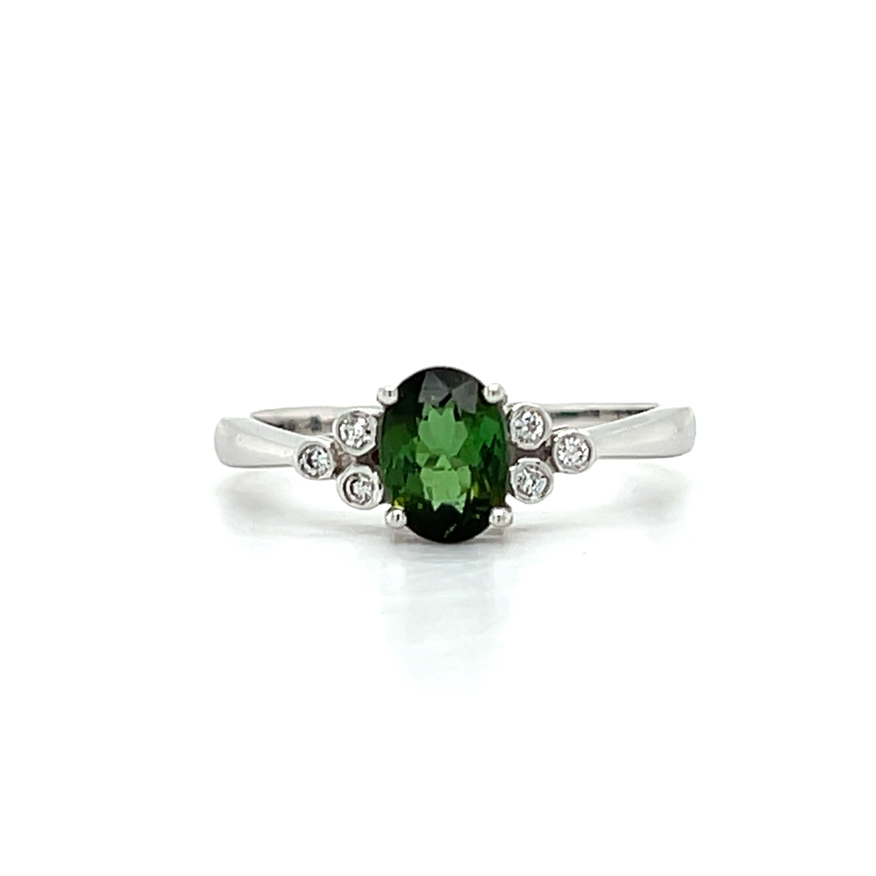 14K White Gold 5x7mm 0.66CT Oval Moss Green Tourmaline and 0.06 Carat Total Weight (6) Diamond Ring