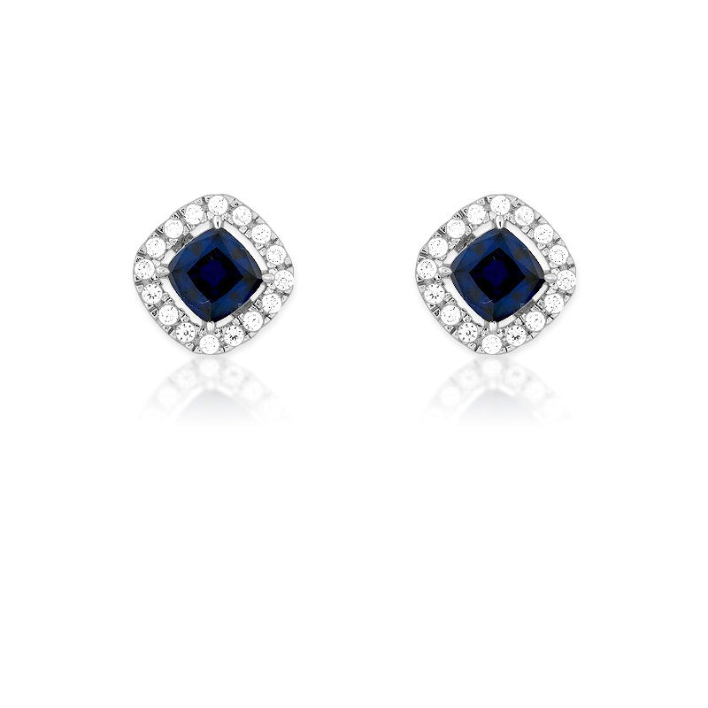 Sterling Silver Sapphire and White CZ Square Stud Earrings