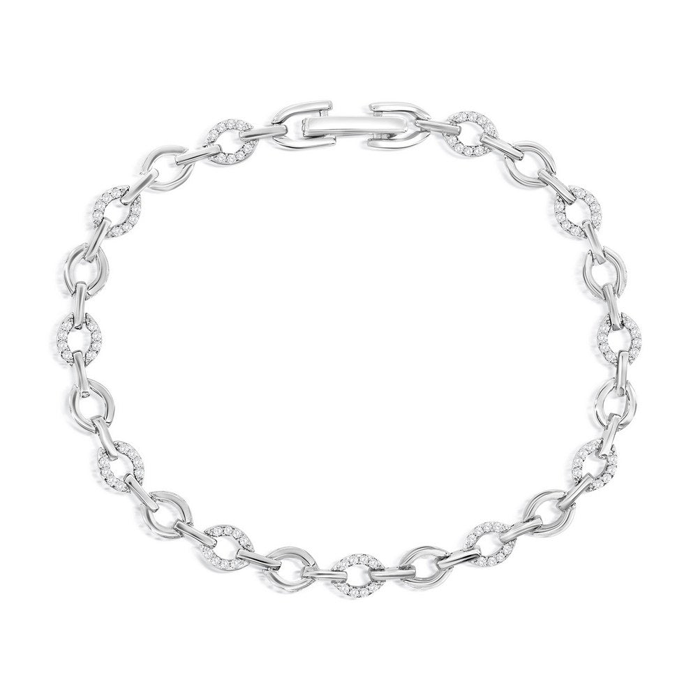 Sterling Silver, Polished & CZ Oval Link Bracelet 7"