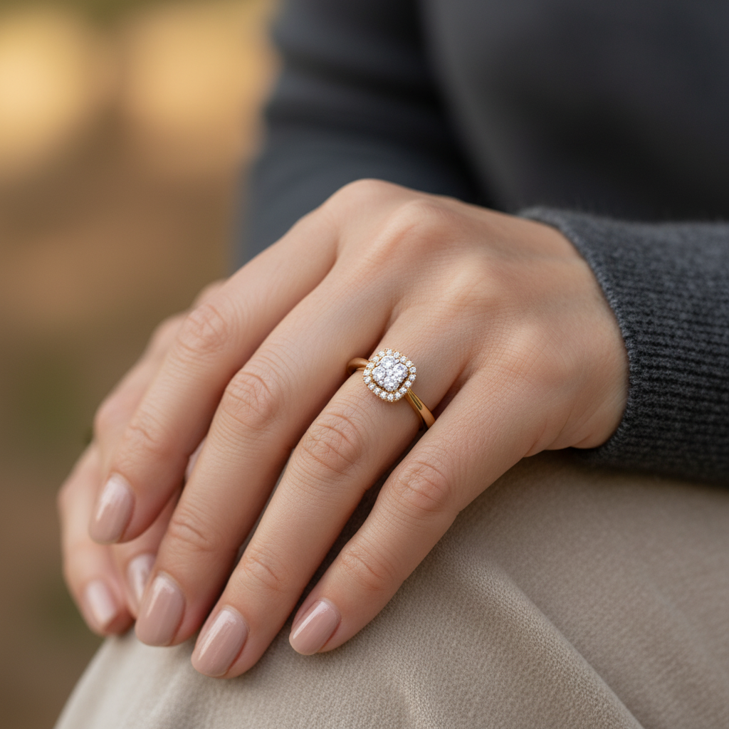 Yellow Gold Diamond Cluster and Halo Engagement Ring