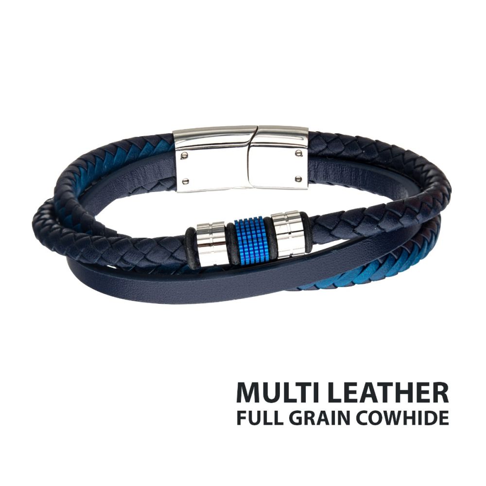 Men’s Stainless Steel Blue-Plated Beads with Blue Multi Leather Full Grain Cowhide Layered Bracelet