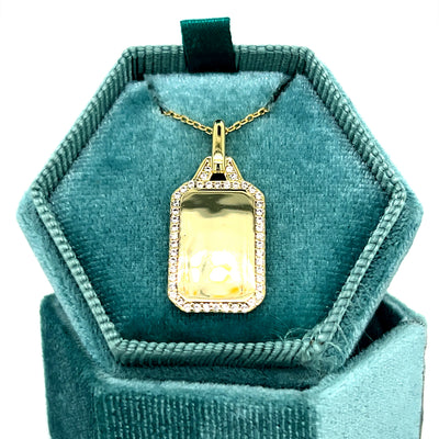 Sterling Silver Gold Plated Rectangle Dog Tag with Cubic Zirconia Border Necklace 16+2"