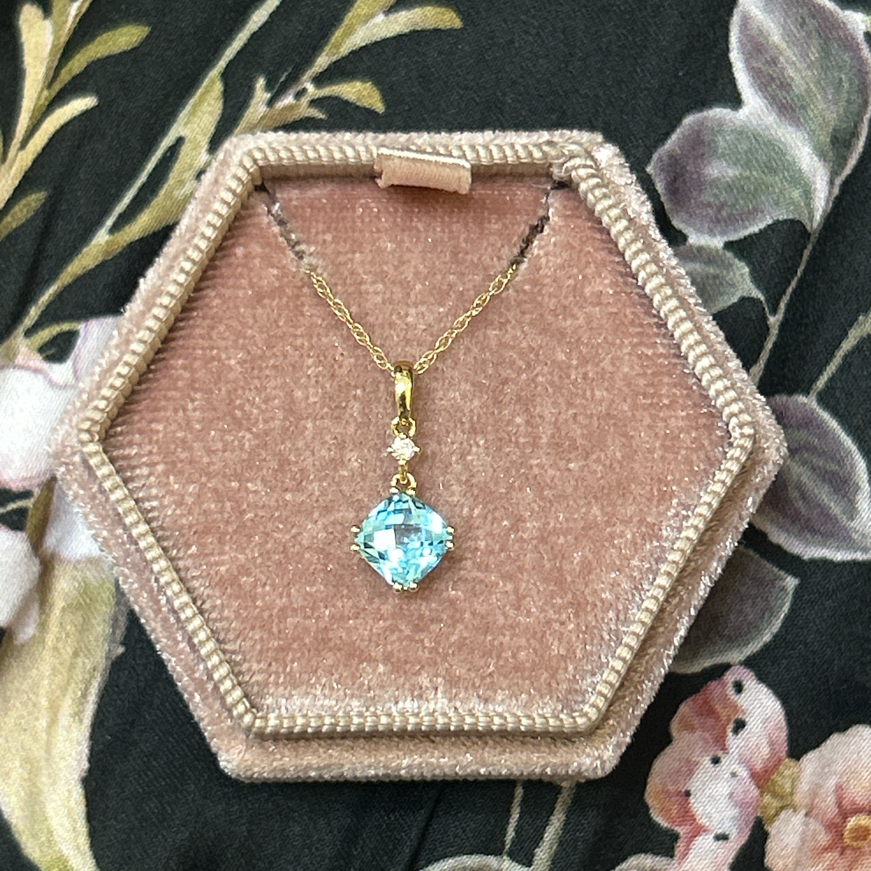 14K Yellow Gold 1.09CT 6x6mm Swiss Blue Topaz and 0.022 Carat Total Weight Diamond Pendant