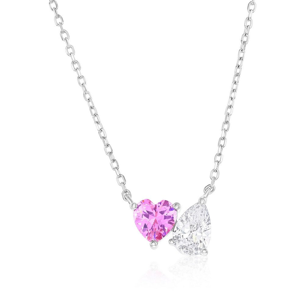 Silver Pink Heart and Pearshaped Cubic Zirconia Necklace