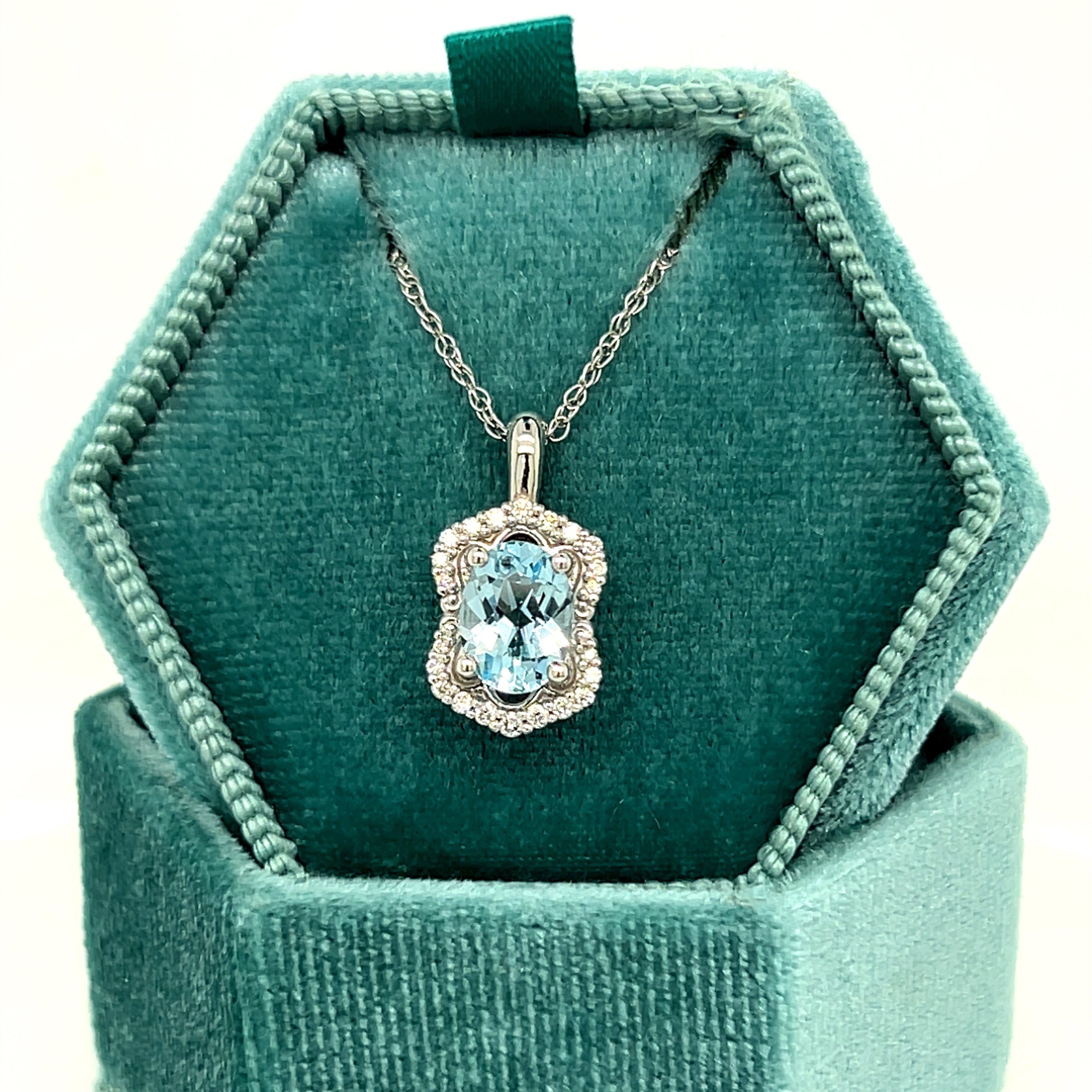 "Afina" WJS Custom Set 14K White Gold Oval Aquamarine and Diamond Pendant