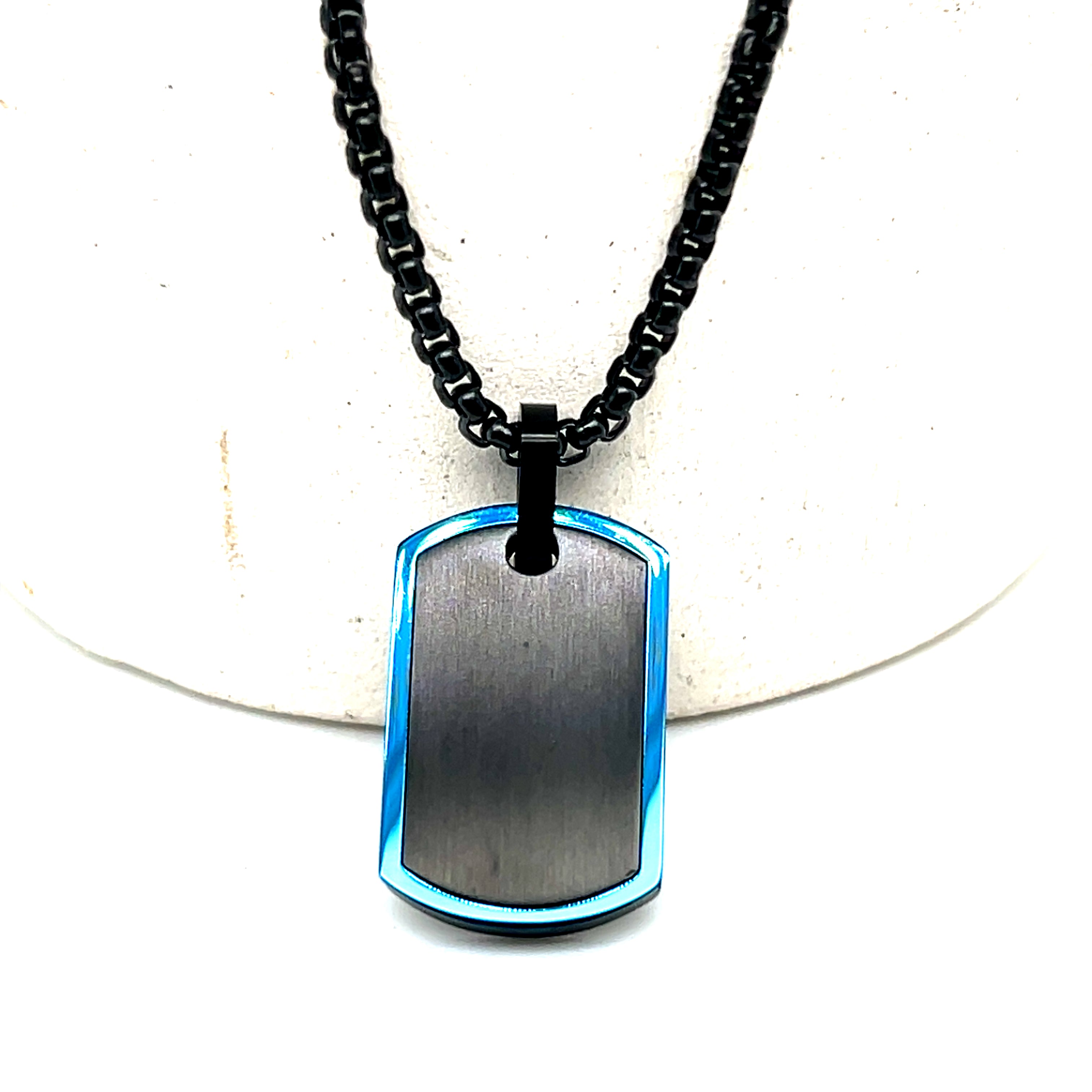 Stainless Steel Blue and Black-IP Matte and Polished Dog Tag Necklace 22"