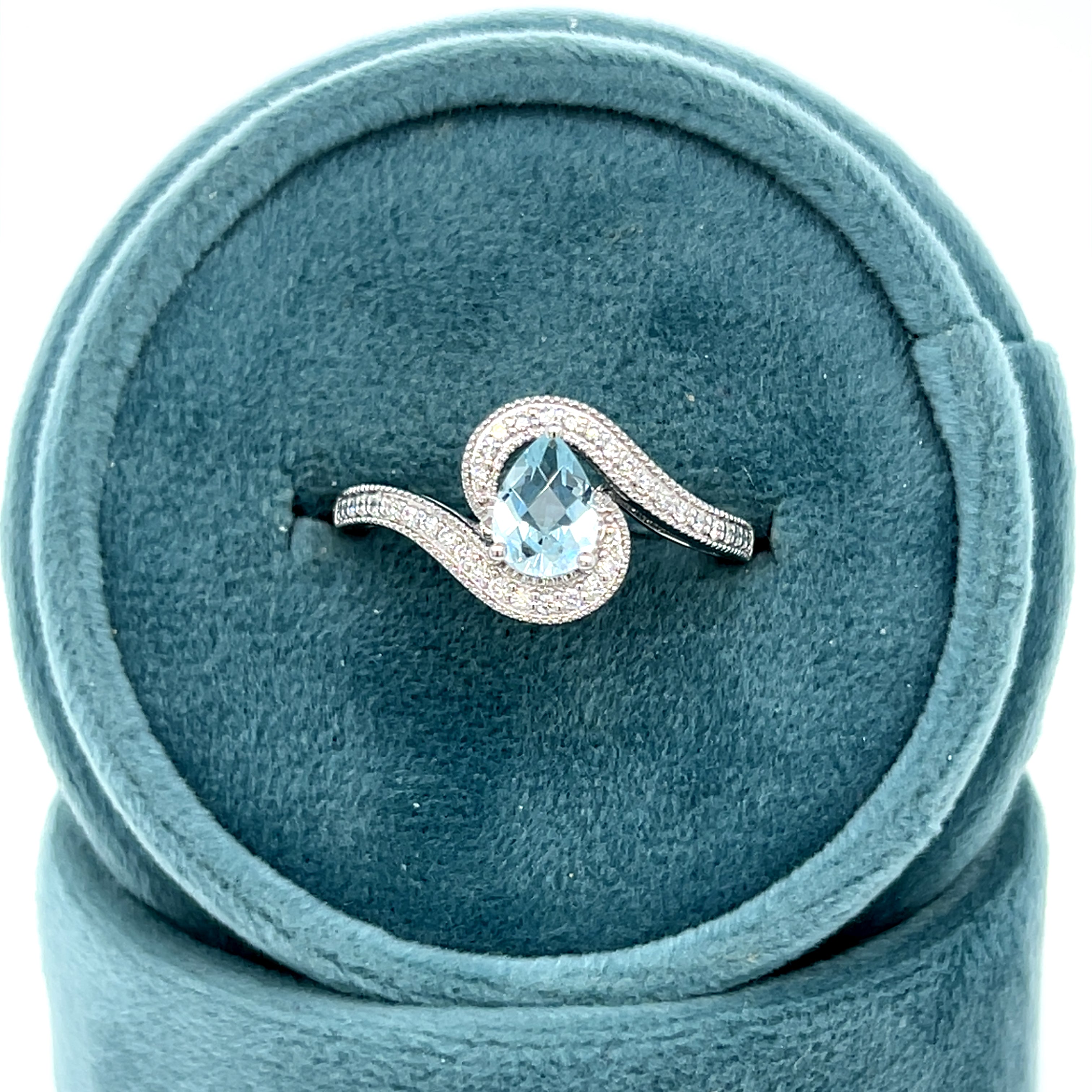 White Gold Pear-Shaped Aquamarine and Diamond Swirl Halo Ring