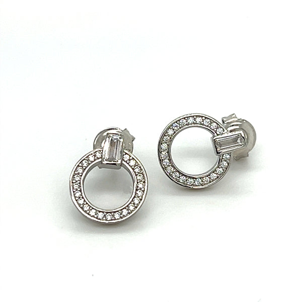 Silver Baguette and Round Cubic Zirconia Earrings
