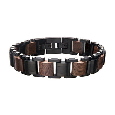 "Caleb" Men's Stainless Steel Black Plated with Walnut Wood Link Bracelet. 8 1/4 inch long with a Self Adjustable Link