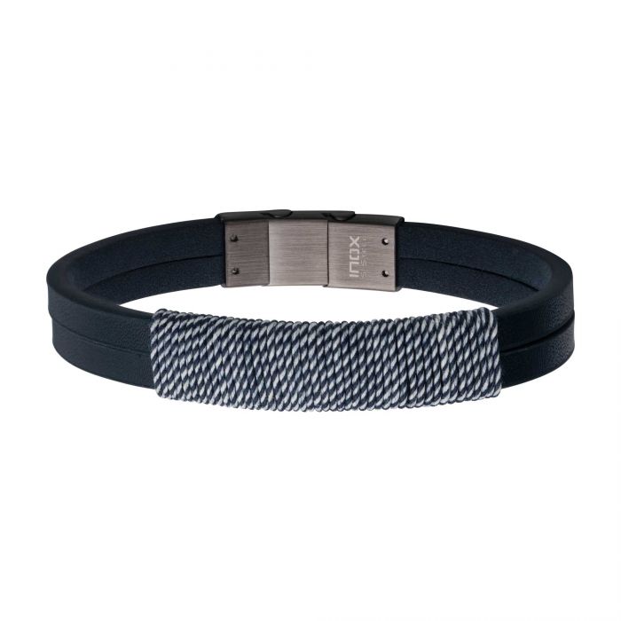 Men's Stainless Steel Shoreline Cotton Fabric Wrapped Blue Leather Bracelet 8"-8.5"