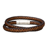 Men’s Stainless Steel Dark and Light Brown Double Round Leather Bracelet with Steel Clasp 16"