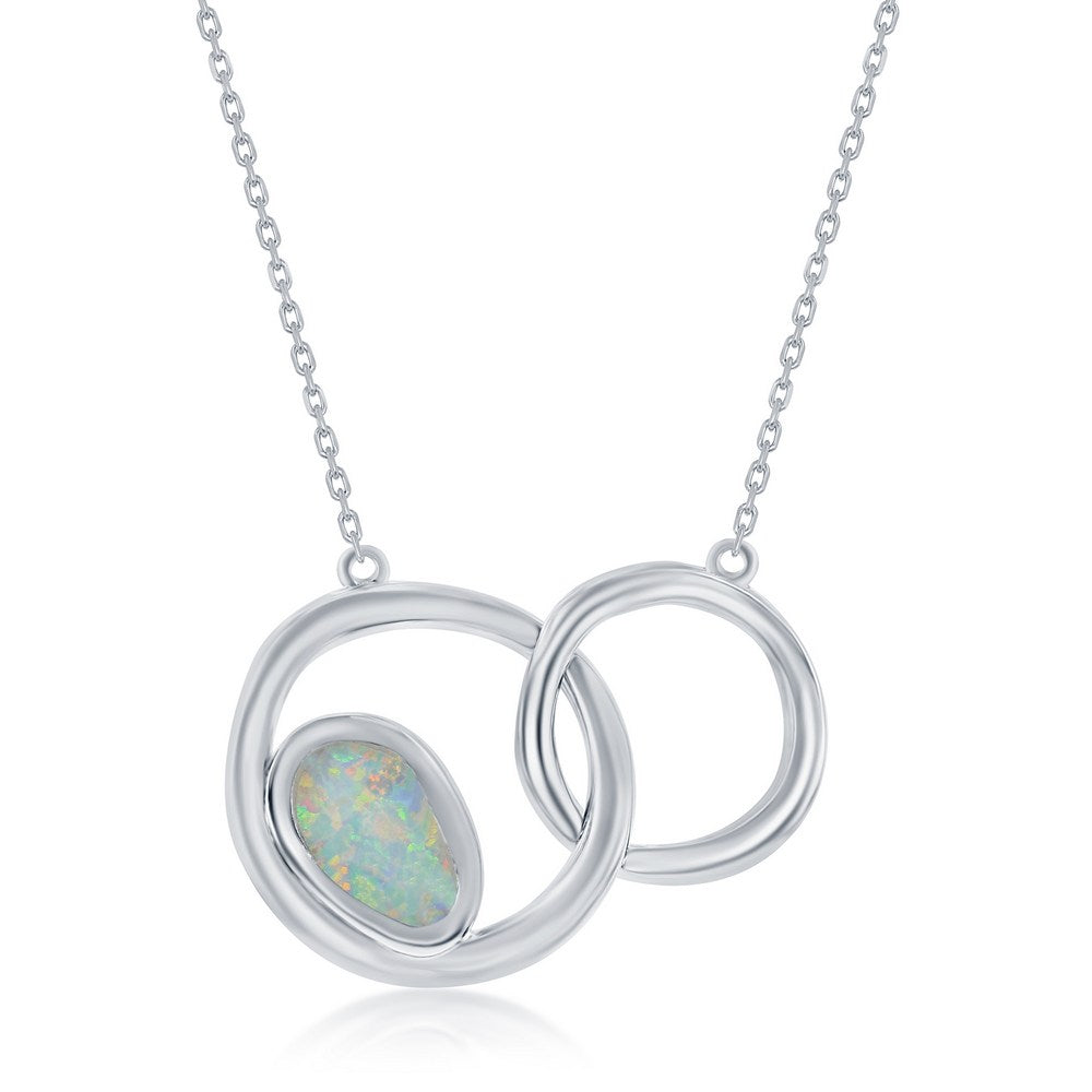 Silver White Opal Double Circle Pendant Necklace