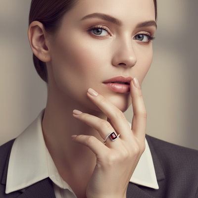 White Gold Emerald Cut Garnet and Diamond Bypass Style Ring