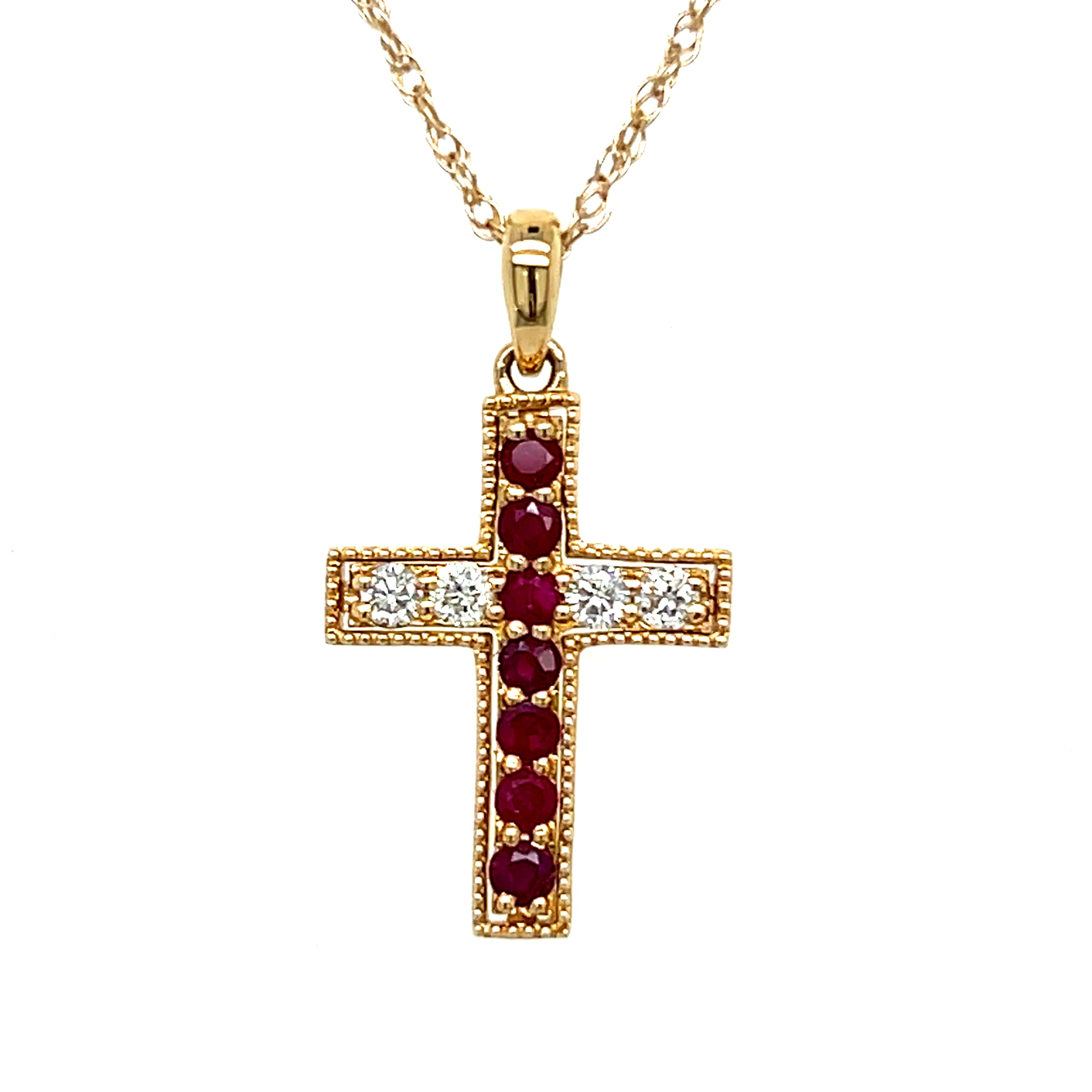 Yellow Gold Red Spinel and Diamond Cross Pendant