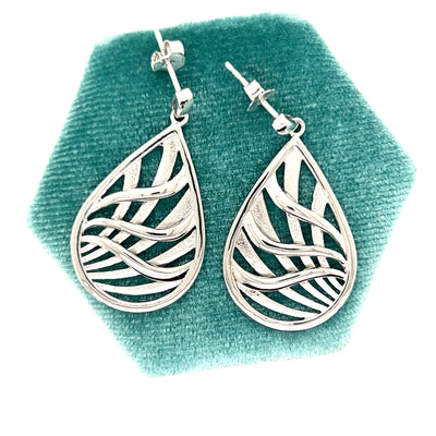 Sterling Silver Sandblasted and Shiny Waves of the Sea in Water Drop Shape Post Earrings