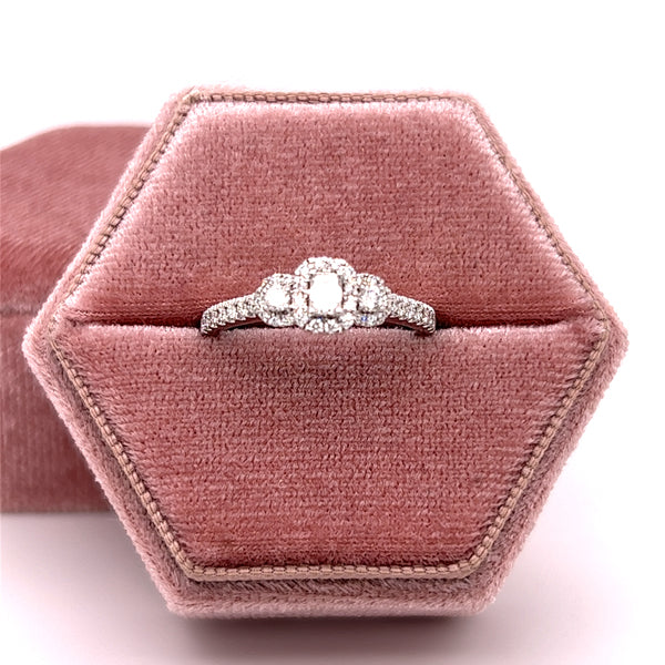 14K White Gold 1/2 Carat Total Weight Diamond Bridal/Engagement/Wedding/Anniversary 3-Stone Halo Ring