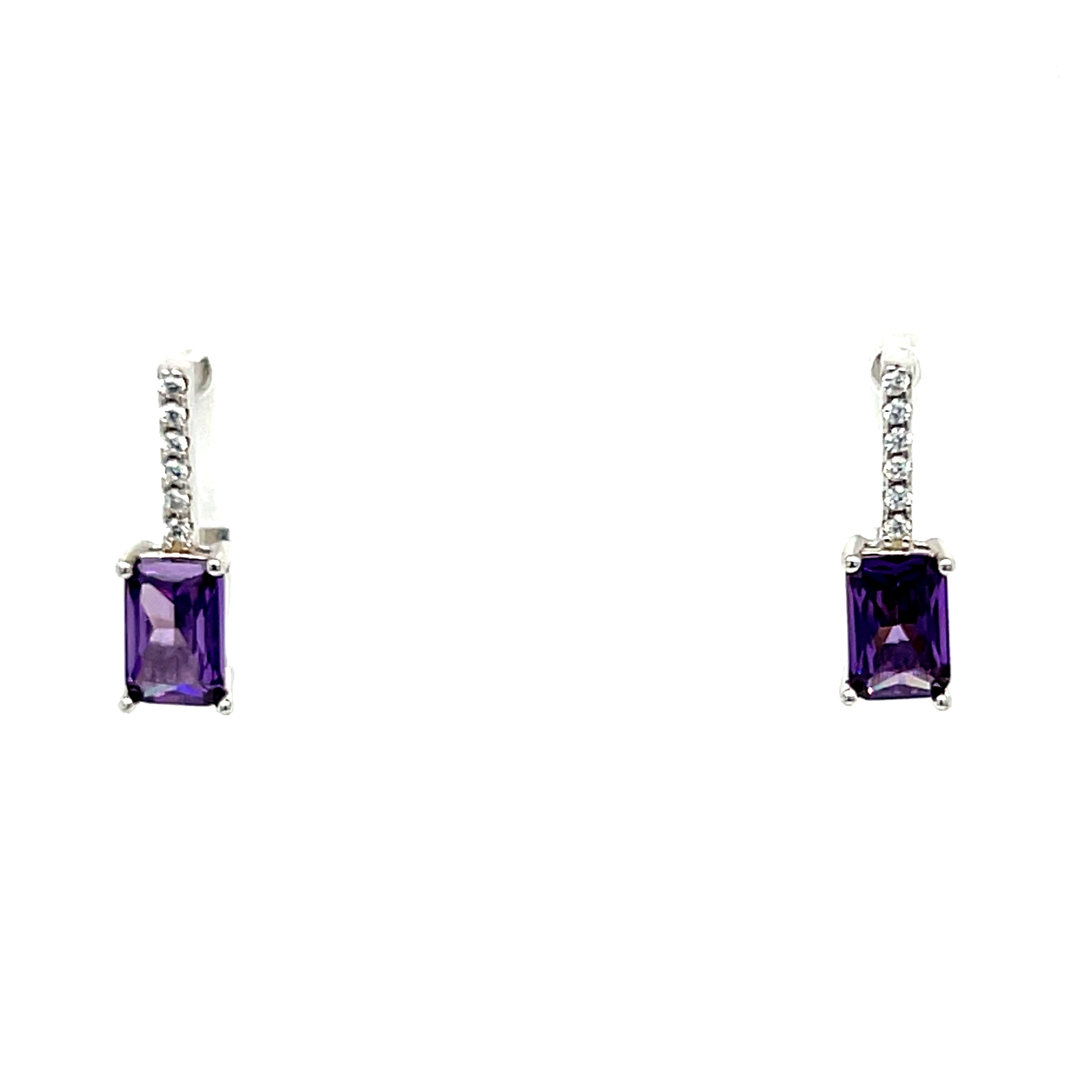 Sterling Silver Rodium Plated Emerald Cut Purple Cubic Zirconia Pendant and Earring Set