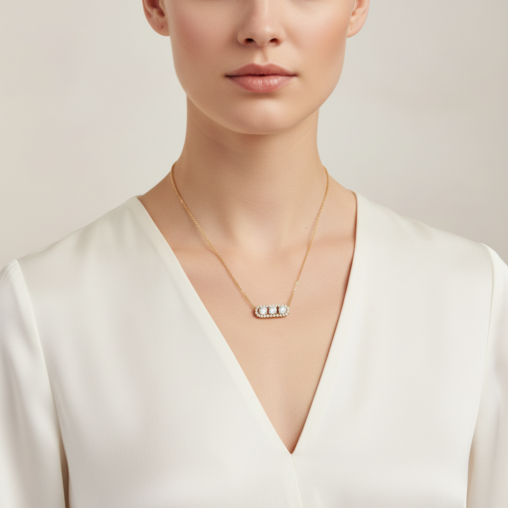 14K Yellow Gold 3g 3/4 Carat Total Weight Round Brilliant Cut Natural Diamond Three-Stone East-West Halo Framed Necklace