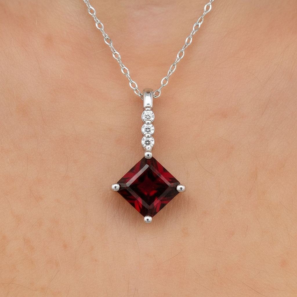 14K White Gold Garnet and Diamond Bail Pendant