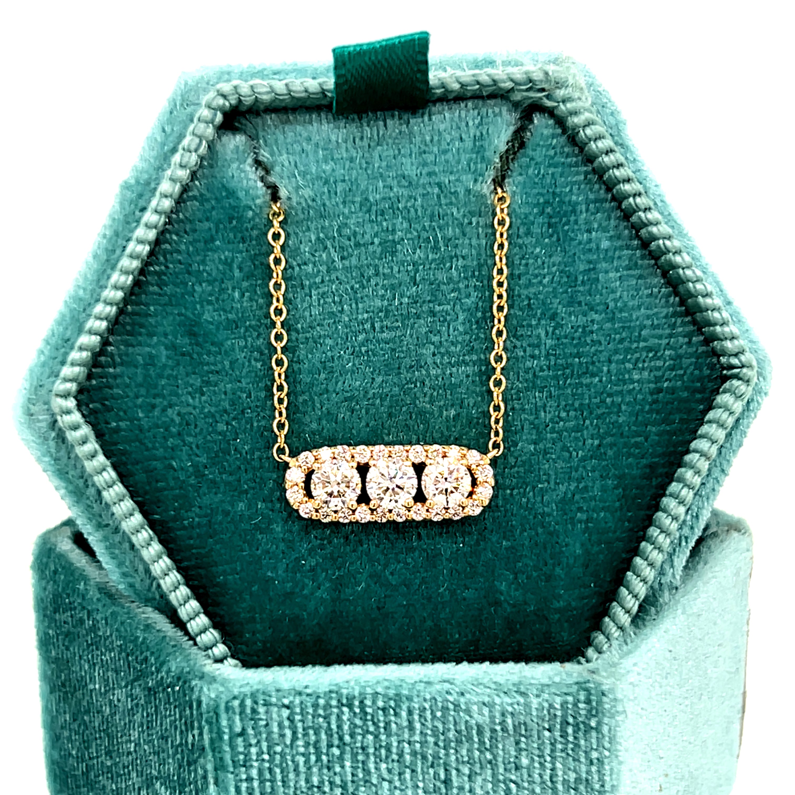 14K Yellow Gold 3g 3/4 Carat Total Weight Round Brilliant Cut Natural Diamond Three-Stone East-West Halo Framed Necklace