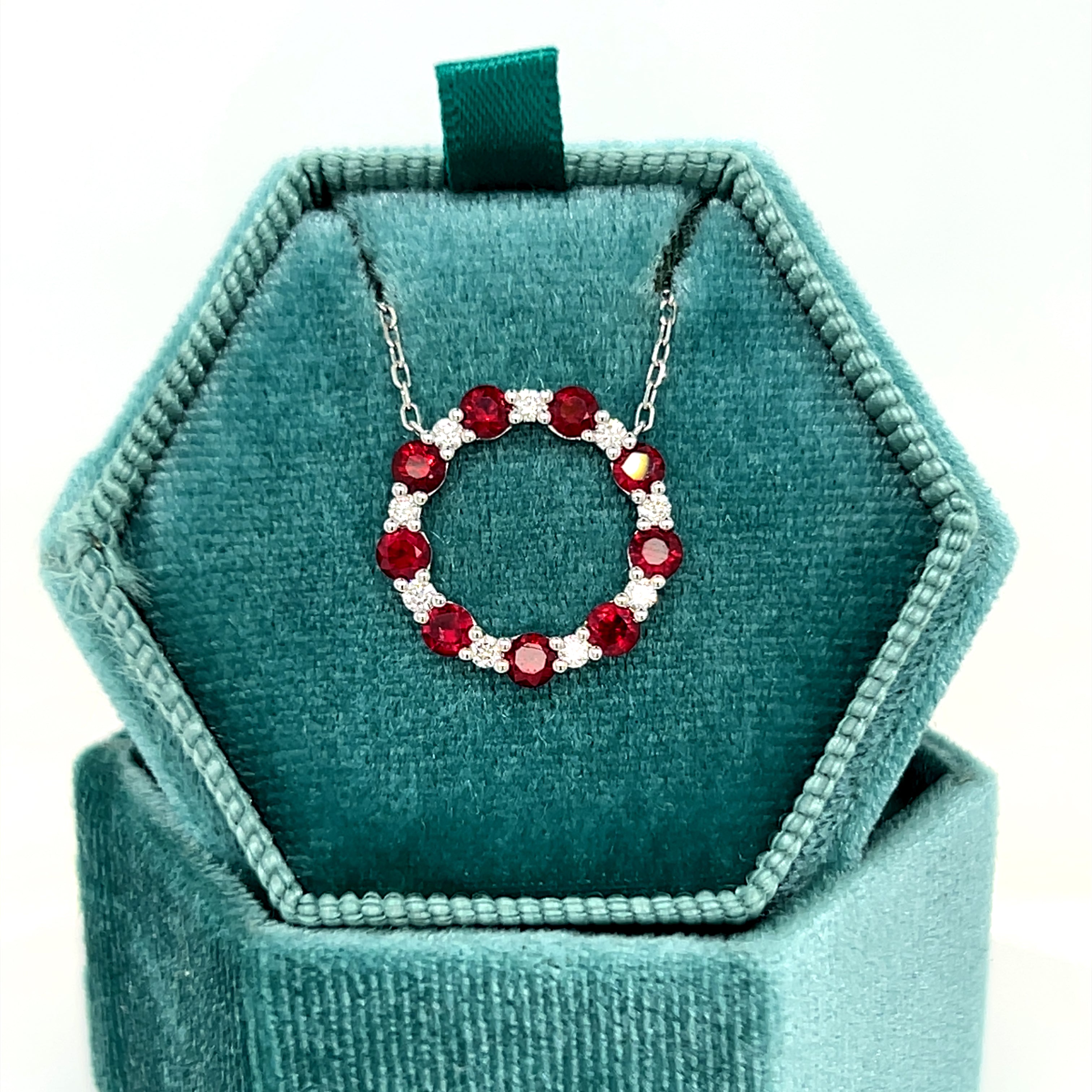 White Gold Ruby and Diamond Circle Pendant Necklace
