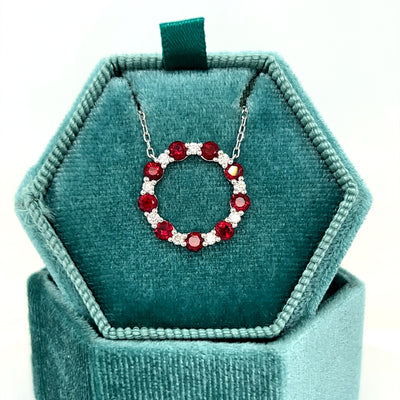 White Gold Ruby and Diamond Circle Pendant Necklace