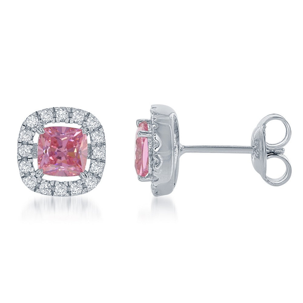 Silver Pink and White  CZ Micro Pave Square Stud Earrings