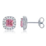Silver Pink and White  CZ Micro Pave Square Stud Earrings