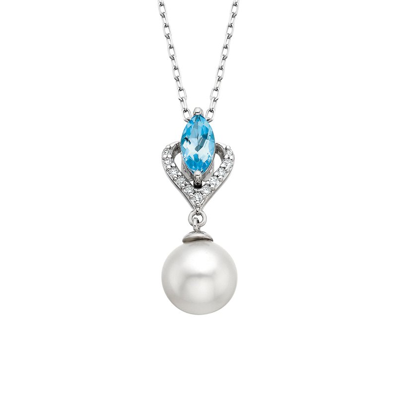 10K White Gold Pearl, Blue Topaz and .05 Carat Total Weight Diamond Pendant