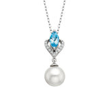 10K White Gold Pearl, Blue Topaz and .05 Carat Total Weight Diamond Pendant