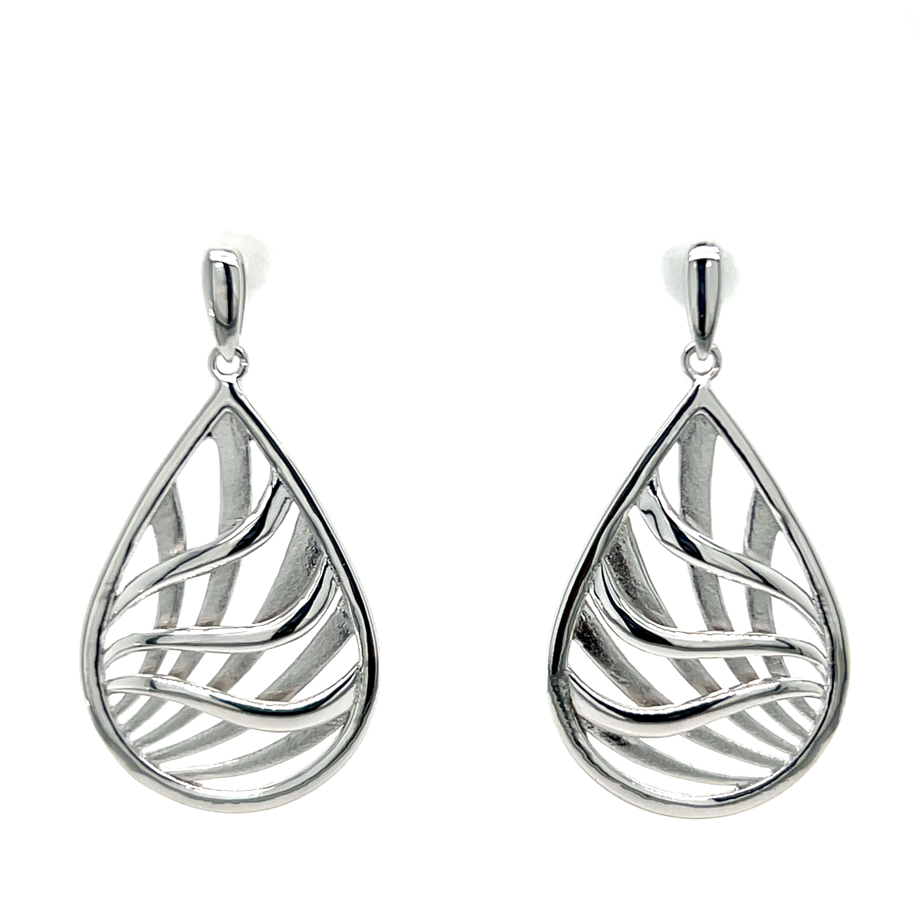 Sterling Silver Sandblasted and Shiny Waves of the Sea in Water Drop Shape Post Earrings