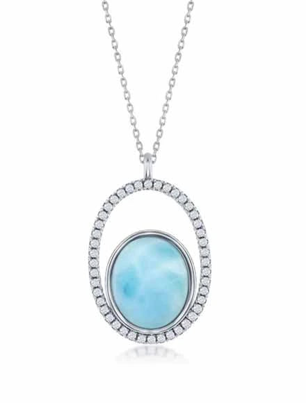 Sterling Silver Oval Larimar with Cubic Zirconia Necklace