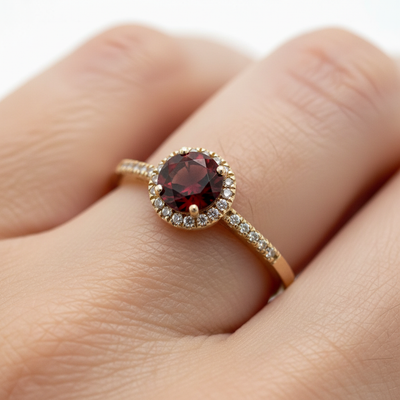 Yellow Gold Round Garnet and Diamond Ring