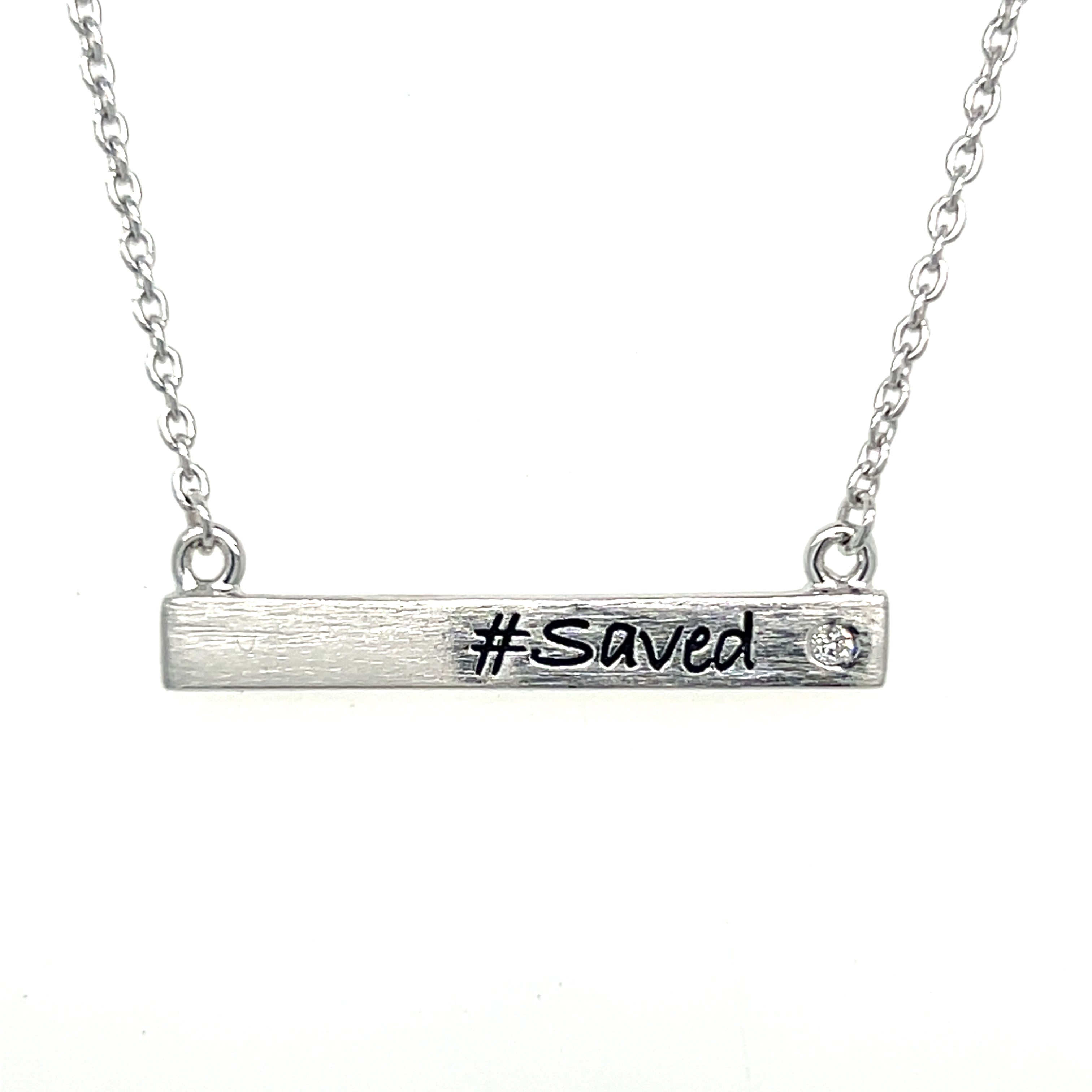 Sterling Silver Diamond Accent #Saved Bar Necklace